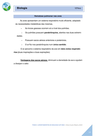 TEMA 3: APONTAMENTOS DE BIOLOGIA 10º ANO | Sílvia Couto Ribeira 2019
Biologia 10ºAno
14
Hematose pulmonar nas aves
As aves apresentam um sistema respiratório muito eficiente, adaptado
às necessidades metabólicas das mesmas.
• As trocas gasosas ocorrem só a nível dos pulmões.
• Os pulmões possuem parabrônquios, abertos nas duas extremi-
dades.
• Possuem sacos aéreos anteriores e posteriores.
• O ar flui nos parabrônquios num único sentido.
O ar percorre o sistema respiratório da ave em dois ciclos respirató-
rios (duas inspirações e duas expirações)
Vantagens dos sacos aéreos: diminuem a densidade da ave e ajudam
a dissipar o calor.
 