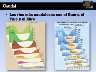 Caudal
• Los ríos más caudalosos son el Duero, el
Tajo y el Ebro
 