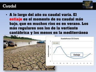 Caudal
• A lo largo del año su caudal varía. El
estiaje es el momento de su caudal más
bajo, que en muchos ríos es en verano. Los
más regulares son los de la vertiente
cantábrica y los menos en la mediterránea
Estiaje
 