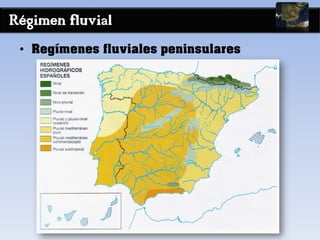 Régimen fluvial
• Regímenes fluviales peninsulares
 
