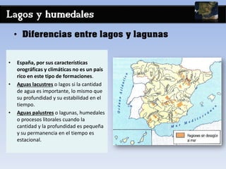 Lagos y humedales
• Diferencias entre lagos y lagunas
• España, por sus características
orográficas y climáticas no es un país
rico en este tipo de formaciones.
• Aguas lacustres o lagos si la cantidad
de agua es importante, lo mismo que
su profundidad y su estabilidad en el
tiempo.
• Aguas palustres o lagunas, humedales
o procesos litorales cuando la
cantidad y la profundidad es pequeña
y su permanencia en el tiempo es
estacional.
 