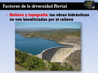 Factores de la diversidad fluvial
• Relieve y topografía: las obras hidráulicas
se ven beneficiadas por el relieve
 