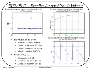 Dr. J.R. Cerquides Universidad de Sevilla 69
EJEMPLO – Ecualizador por filtro de Wiener
• Probabilidad de error
• Sin ecualizador:0.026821
• Con filtro inverso: 0.011840
• Con filtro Wiener: 0.008910
• Mínimo teórico: 0.005954
• Relación Eb/N0
• Sin ecualizar: 5 dB
• Con filtro inverso: 4.04 dB
• Con filtro Wiener: 4.44 dB
 