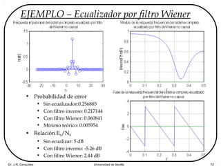 Dr. J.R. Cerquides Universidad de Sevilla 72
EJEMPLO – Ecualizador por filtro Wiener
• Probabilidad de error
• Sin ecualizador:0.256885
• Con filtro inverso: 0.217144
• Con filtro Wiener: 0.060841
• Mínimo teórico: 0.005954
• Relación Eb/N0
• Sin ecualizar: 5 dB
• Con filtro inverso: -5.26 dB
• Con filtro Wiener: 2.44 dB
 