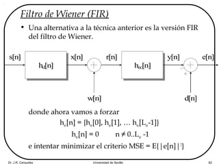 Dr. J.R. Cerquides Universidad de Sevilla 82
Filtro de Wiener (FIR)
• Una alternativa a la técnica anterior es la versión FIR
del filtro de Wiener.
donde ahora vamos a forzar
hec[n] = {hec[0], hec[1], … hec[Lec-1]}
hec[n] = 0 n ≠ 0..Lec -1
e intentar minimizar el criterio MSE = E{|e[n]|2
}
hd[n]
s[n] r[n]
hec[n]
w[n]
x[n]
d[n]
y[n] e[n]
 