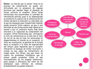 Emisor : La función que el emisor tiene en el proceso de comunicación se puede ver dificultada por la presencia de algunas barreras que impidan llegar el mensaje de forma correcta al receptor. Entre estas limitaciones nos encontramos la cantidad de información emitida, pues si es desmesurada se producirá la ruptura de la comunicación (el emisor perderá la atención). La velocidad con la que los mensajes sean transmitidos también puede provocar dicha ruptura, ya que si son emitidos de una forma mucho más rápida de lo normal o por el contrario mucho más lenta afectará a la capacidad de comprensión del receptor. Otras limitaciones que  entorpecen el acto de comunicarse en el aula son el tono de voz (si se usa un tono sin variaciones no despertaremos el interés en el receptor), la falta de vocalización, la pérdida de la mirada hacia el receptor y la falta de expresividad del emisor, pues impedirán que el receptor interprete el mensaje de forma incorrecta o incluso no sea capaz de interpretarlo de ningún modo. Por último, hay que tener en cuenta los problemas fisiológicos que el emisor pueda presentar (como el mal funcionamiento de los órganos fonatorios), pues aunque a diferencia del resto de los obstáculos sean difíciles de eliminar, probablemente se pueden disminuir. 