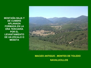 MACIZO ANTIGUO . MONTES DE TOLEDO NAVALUCILLOS MONTAÑA BAJA Y DE CUMBRE APLANADA FORMADA EN LA ERA TERCIARIA POR EL LEVANTAMIENTO DE UN ZÓCALO O MESETA 