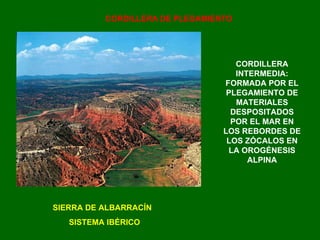 SIERRA DE ALBARRACÍN  SISTEMA IBÉRICO CORDILLERA DE PLEGAMIENTO CORDILLERA INTERMEDIA: FORMADA POR EL PLEGAMIENTO DE MATERIALES DESPOSITADOS POR EL MAR EN LOS REBORDES DE LOS ZÓCALOS EN LA OROGÉNESIS ALPINA 