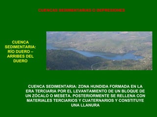 CUENCAS SEDIMENTARIAS O DEPRESIONES CUENCA SEDIMENTARIA: RÍO DUERO – ARRIBES DEL DUERO CUENCA SEDIMENTARIA: ZONA HUNDIDA FORMADA EN LA ERA TERCIARIA POR EL LEVANTAMIENTO DE UN BLOQUE DE UN ZÓCALO O MESETA. POSTERIORMENTE SE RELLENA CON MATERIALES TERCIARIOS Y CUATERNARIOS Y CONSTITUYE UNA LLANURA 