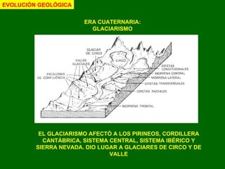 ERA CUATERNARIA: GLACIARISMO EVOLUCIÓN GEOLÓGICA EL GLACIARISMO AFECTÓ A LOS PIRINEOS, CORDILLERA CANTÁBRICA, SISTEMA CENTRAL, SISTEMA IBÉRICO Y SIERRA NEVADA. DIO LUGAR A GLACIARES DE CIRCO Y DE VALLE 