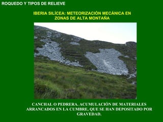 CANCHAL O PEDRERA. ACUMULACIÓN DE MATERIALES ARRANCADOS EN LA CUMBRE, QUE SE HAN DEPOSITADO POR GRAVEDAD . IBERIA SILÍCEA: METEORIZACIÓN MECÁNICA EN ZONAS DE ALTA MONTAÑA ROQUEDO Y TIPOS DE RELIEVE 