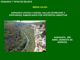 GARGANTA.  RÍO EBRO. (NORESTE DE BURGOS) IBERIA CALIZA GARGANTA (FOCES U HOCES): VALLES ESTRECHOS Y PROFUNDOS, ENMARCADOS POR VERTIENTES ABRUPTAS ROQUEDO Y TIPOS DE RELIEVE 