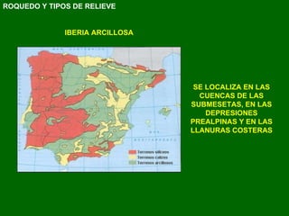 SE LOCALIZA EN LAS CUENCAS DE LAS SUBMESETAS, EN LAS DEPRESIONES PREALPINAS Y EN LAS LLANURAS COSTERAS ROQUEDO Y TIPOS DE RELIEVE IBERIA ARCILLOSA 