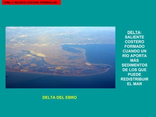 TEMA 3: RELIEVE COSTERO PENINSULAR DELTA : SALIENTE COSTERO FORMADO CUANDO UN RÍO APORTA MÁS SEDIMENTOS DE LOS QUE PUEDE REDISTRIBUIR EL MAR DELTA DEL EBRO 