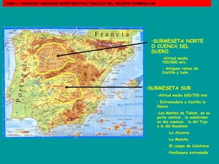 SUBMESETA NORTE O CUENCA DEL DUERO. Altitud media 700/800 mts. Antiguos reinos de Castilla y León SUBMESETA SUR  Altitud media 600/700 mts  Extremadura y Castilla la Nueva Los Montes de Toledo ,en su parte central , la subdividen en dos cuencas . la del Tajo y la del Guadiana   La Alcarria La Mancha El campo de Calatrava Penillanura extremeña   TEMA 3: GRANDES UNIDADES MORFOESTRUCTURALES DEL RELIEVE PENINSULAR 