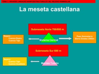 La meseta castellana Submeseta Norte 700/800 m Submeseta Sur 600 m Sistema Central Montes Toledo Paso Somosierra Sierra Gredos 2592m Separa : Cuenca Duero Cuenca Tajo Separa: Cuenca Tajo Cuenca Guadiana TEMA 3: GRANDES UNIDADES MORFOESTRUCTURALES DEL RELIEVE PENINSULAR 