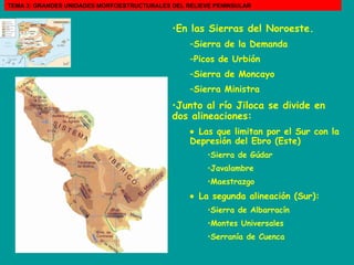 En las Sierras del Noroeste. Sierra de la Demanda Picos de Urbión  Sierra de Moncayo Sierra Ministra Junto al río Jiloca se divide en dos alineaciones:    Las que limitan por el Sur con la Depresión del Ebro (Este) Sierra de Gúdar Javalambre  Maestrazgo    La segunda alineación (Sur): Sierra de Albarracín Montes Universales Serranía de Cuenca  TEMA 3: GRANDES UNIDADES MORFOESTRUCTURALES DEL RELIEVE PENINSULAR 