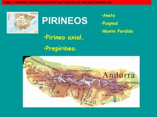 PIRINEOS   Pirineo axial.  Prepirineo. Aneto  Puigmal  Monte Perdido TEMA 3: GRANDES UNIDADES MORFOESTRUCTURALES DEL RELIEVE PENINSULAR 