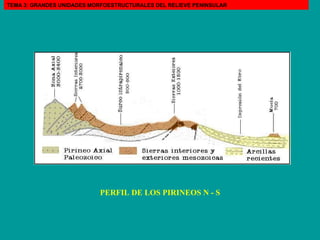 PERFIL DE LOS PIRINEOS N - S TEMA 3: GRANDES UNIDADES MORFOESTRUCTURALES DEL RELIEVE PENINSULAR 