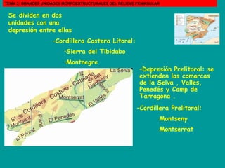 Cordillera Costera Litoral: Sierra del Tibidabo  Montnegre  Se dividen en dos unidades con una depresión entre ellas Depresión Prelitoral: se extienden las comarcas de la Selva , Valles, Penedés y Camp de Tarragona . Cordillera Prelitoral: Montseny  Montserrat  TEMA 3: GRANDES UNIDADES MORFOESTRUCTURALES DEL RELIEVE PENINSULAR 