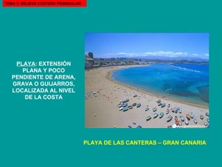 PLAYA : EXTENSIÓN PLANA Y POCO PENDIENTE DE ARENA, GRAVA O GUIJARROS, LOCALIZADA AL NIVEL DE LA COSTA PLAYA DE LAS CANTERAS – GRAN CANARIA TEMA 3: RELIEVE COSTERO PENINSULAR 