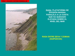 RASA : PLATAFORMA DE EROSIÓN MARINA PARALELA A LA COSTA QUE HA QUEDADO ELEVADA SOBRE EL NIVEL DEL MAR RASA ENTRE DEVA Y ZUMAIA (GUIPÚZCOA) TEMA 3: RELIEVE COSTERO PENINSULAR 