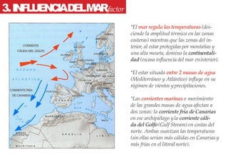 3.INFLUENCIADELMARfactor
geográfico
*El mar regula lastemperaturas (des-
ciende la amplitud térmica en las zonas
costeras) mientras que las zonas del in-
terior, al estar protegidas por montañas y
una alta meseta, domina la continentali-
dad (escasa influencia del mar eninterior).
*El estar situada entre 2 masas de agua
(Mediterráneo y Atlántico) influye en su
régimen de vientos yprecipitaciones.
*Las corrientes marinas o movimiento
de las grandes masas de agua afectan a
dos zonas: la corriente fría deCanarias
en ese archipiélago yla corriente cáli-
da del Golfo(Gulf Stream) en costas del
norte. Ambas suavizan las temperaturas
(sin ellas serían más cálidas en Canarias y
más frías en el litoralnorte).
 
