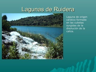 Lagunas de RuideraLagunas de Ruidera
Laguna de origen
cárstico formada
en las cubetas
surgidas de la
disolución de la
caliza.
 
