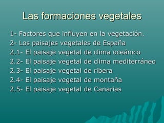 Las formaciones vegetalesLas formaciones vegetales
1- Factores que influyen en la vegetación.1- Factores que influyen en la vegetación.
2- Los paisajes vegetales de España2- Los paisajes vegetales de España
2.1- El paisaje vegetal de clima oceánico2.1- El paisaje vegetal de clima oceánico
2.2- El paisaje vegetal de clima mediterráneo2.2- El paisaje vegetal de clima mediterráneo
2.3- El paisaje vegetal de ribera2.3- El paisaje vegetal de ribera
2.4- El paisaje vegetal de montaña2.4- El paisaje vegetal de montaña
2.5- El paisaje vegetal de Canarias2.5- El paisaje vegetal de Canarias
 