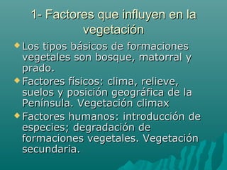 1- Factores que influyen en la1- Factores que influyen en la
vegetaciónvegetación
 Los tipos básicos de formacionesLos tipos básicos de formaciones
vegetales son bosque, matorral yvegetales son bosque, matorral y
prado.prado.
 Factores físicos: clima, relieve,Factores físicos: clima, relieve,
suelos y posición geográfica de lasuelos y posición geográfica de la
Península. Vegetación climaxPenínsula. Vegetación climax
 Factores humanos: introducción deFactores humanos: introducción de
especies; degradación deespecies; degradación de
formaciones vegetales. Vegetaciónformaciones vegetales. Vegetación
secundaria.secundaria.
 