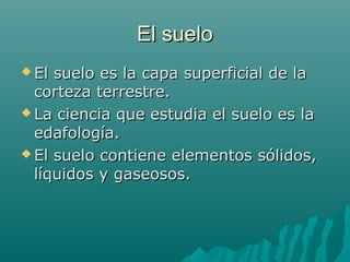 El sueloEl suelo
 El suelo es la capa superficial de laEl suelo es la capa superficial de la
corteza terrestre.corteza terrestre.
 La ciencia que estudia el suelo es laLa ciencia que estudia el suelo es la
edafología.edafología.
 El suelo contiene elementos sólidos,El suelo contiene elementos sólidos,
líquidos y gaseosos.líquidos y gaseosos.
 