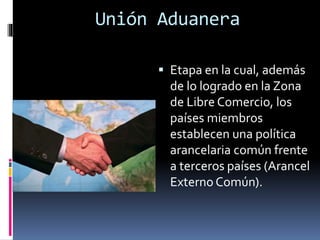  Etapa en la cual, además
de lo logrado en la Zona
de Libre Comercio, los
países miembros
establecen una política
arancelaria común frente
a terceros países (Arancel
Externo Común).
Unión Aduanera
 