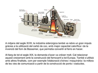 A mitjans del segle XVIII, la indústria siderúrgica també va rebre un gran impuls 
gràcies a la utilització del carbó de coc, amb major capacitat calorífica i de la 
invenció del forn de Bessemer, que permetia convertir el ferro en hacer. 
Al llarg de tot el segle XIX, la demanda d’acer va créixer molt. Cal relacionar 
aquest creixement amb la construcció del ferrocarril a tot Europa. També s’utilitzà 
amb altres finalitats, com per exemple l’elaboració d’eines i maquinària i la millora 
de les vies de comunicació a partir de la construcció de ponts i viaductes. 
 