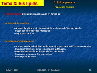 El punt de fussió  dels àcids grassos varia en funció de:  La longitud de la cadena  - A major longitud major intensitat de les forces de Van der Waals.  - Major cohesió entre les molècules.  - Major punt de fusió.  L'existència d’insaturacions :  - A major nombre de dobles enllaços major grau de torsió de les molècules.  - Menor paral·lelisme entre les cadenes alifàtiques.  - Menor intensitat de les forces de Van der Waals. - Menor cohesió entre les molècules.  - Menor punt de fusió.  Tema 3: Els lípids 2. Àcids grassos Propietats físiques 