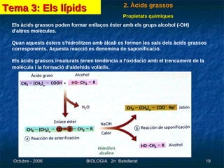 Propietats químiques Els àcids grassos poden formar enllaços éster amb els grups alcohol (-OH) d'altres molècules.  Quan aquests ésters s'hidrolitzen amb àlcali es formen les sals dels àcids grassos corresponents. Aquesta reacció es denomina de saponificació.  Els àcids grassos insaturats tenen tendència a l'oxidació amb el trencament de la molècula i la formació d’aldehids volàtils.   Tema 3: Els lípids 2. Àcids grassos 