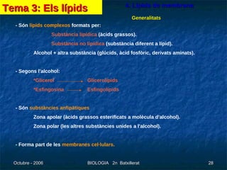 4. Lípids de membrana Generalitats - Són  lípids complexos  formats per: Substància lipídica   (àcids grassos). Substància no lipídica  (substància diferent a lípid). Alcohol + altra substància (glúcids, àcid fosfòric, derivats aminats). - Segons l'alcohol: *Glicerol  Glicerolípids *Esfingosina  Esfingolípids - Són  substàncies anfipàtiques Zona apolar (àcids grassos esterificats a molècula d'alcohol). Zona polar (les altres substàncies unides a l'alcohol). - Forma part de les  membranes cel·lulars.  Tema 3: Els lípids 