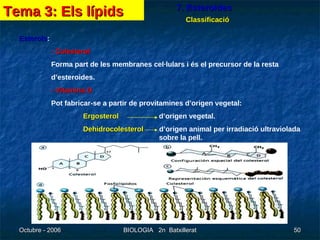 7. Esteroides Classificació Esterols : - Colesterol Forma part de les membranes cel·lulars i és el precursor de la resta  d’esteroides. - Vitamina D Pot fabricar-se a partir de provitamines d’origen vegetal: Ergosterol   d’origen vegetal. Dehidrocolesterol   d’origen animal per irradiació ultraviolada    sobre la pell. Tema 3: Els lípids 