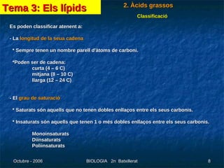 Classificació Es poden classificar atenent a:  - La  longitud de la seua cadena    * Sempre tenen un nombre parell d'àtoms de carboni.    *Poden ser de cadena:  curta (4 – 6 C)  mitjana (8 – 10 C)  llarga (12 – 24 C)  - El  grau de saturació     * Saturats són aquells que no tenen dobles enllaços entre els seus carbonis.    * Insaturats són aquells que tenen 1 o més dobles enllaços entre els seus carbonis.    Monoinsaturats  Diinsaturats   Poliinsaturats  Tema 3: Els lípids 2. Àcids grassos 