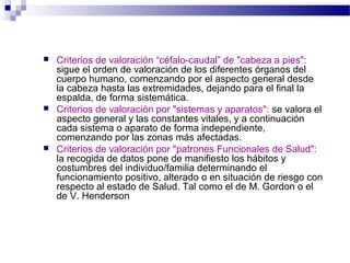    Criterios de valoración “céfalo-caudal” de "cabeza a pies":
    sigue el orden de valoración de los diferentes órganos del
    cuerpo humano, comenzando por el aspecto general desde
    la cabeza hasta las extremidades, dejando para el final la
    espalda, de forma sistemática.
   Criterios de valoración por "sistemas y aparatos": se valora el
    aspecto general y las constantes vitales, y a continuación
    cada sistema o aparato de forma independiente,
    comenzando por las zonas más afectadas.
   Criterios de valoración por "patrones Funcionales de Salud":
    la recogida de datos pone de manifiesto los hábitos y
    costumbres del individuo/familia determinando el
    funcionamiento positivo, alterado o en situación de riesgo con
    respecto al estado de Salud. Tal como el de M. Gordon o el
    de V. Henderson
 