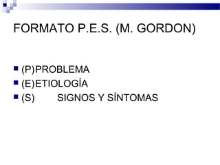 FORMATO P.E.S. (M. GORDON)


 (P)PROBLEMA
 (E)ETIOLOGÍA
 (S)    SIGNOS Y SÍNTOMAS
 