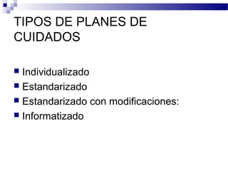 TIPOS DE PLANES DE
CUIDADOS

 Individualizado
 Estandarizado
 Estandarizado con modificaciones:
 Informatizado
 