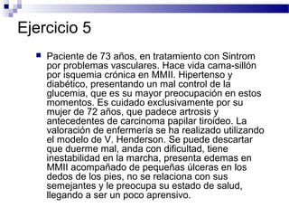 Ejercicio 5
     Paciente de 73 años, en tratamiento con Sintrom
      por problemas vasculares. Hace vida cama-sillón
      por isquemia crónica en MMII. Hipertenso y
      diabético, presentando un mal control de la
      glucemia, que es su mayor preocupación en estos
      momentos. Es cuidado exclusivamente por su
      mujer de 72 años, que padece artrosis y
      antecedentes de carcinoma papilar tiroideo. La
      valoración de enfermería se ha realizado utilizando
      el modelo de V. Henderson. Se puede descartar
      que duerme mal, anda con dificultad, tiene
      inestabilidad en la marcha, presenta edemas en
      MMII acompañado de pequeñas úlceras en los
      dedos de los pies, no se relaciona con sus
      semejantes y le preocupa su estado de salud,
      llegando a ser un poco aprensivo.
 
