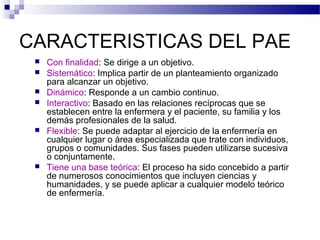 CARACTERISTICAS DEL PAE
    Con finalidad: Se dirige a un objetivo.
    Sistemático: Implica partir de un planteamiento organizado
     para alcanzar un objetivo.
    Dinámico: Responde a un cambio continuo.
    Interactivo: Basado en las relaciones recíprocas que se
     establecen entre la enfermera y el paciente, su familia y los
     demás profesionales de la salud.
    Flexible: Se puede adaptar al ejercicio de la enfermería en
     cualquier lugar o área especializada que trate con individuos,
     grupos o comunidades. Sus fases pueden utilizarse sucesiva
     o conjuntamente.
    Tiene una base teórica: El proceso ha sido concebido a partir
     de numerosos conocimientos que incluyen ciencias y
     humanidades, y se puede aplicar a cualquier modelo teórico
     de enfermería.
 