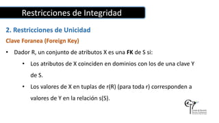 Restricciones de Integridad
2. Restricciones de Unicidad
Clave Foranea (Foreign Key)
• Dador R, un conjunto de atributos X es una FK de S si:
• Los atributos de X coinciden en dominios con los de una clave Y
de S.
• Los valores de X en tuplas de r(R) (para toda r) corresponden a
valores de Y en la relación s(S).
 