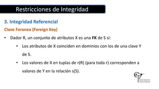Restricciones de Integridad
3. Integridad Referencial
Clave Foranea (Foreign Key)
• Dador R, un conjunto de atributos X es una FK de S si:
• Los atributos de X coinciden en dominios con los de una clave Y
de S.
• Los valores de X en tuplas de r(R) (para toda r) corresponden a
valores de Y en la relación s(S).
 