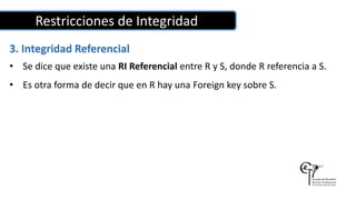 Restricciones de Integridad
3. Integridad Referencial
• Se dice que existe una RI Referencial entre R y S, donde R referencia a S.
• Es otra forma de decir que en R hay una Foreign key sobre S.
 