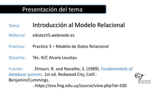 Tema: Introducción al Modelo Relacional
Presentación del tema
Material: edutech5.webnode.es
Practico: Practico 3 – Modelo de Datos Relacional
Docente: Téc. R/C Alvaro Loustau
Fuente: . Elmasri, R. and Navathe, S. (1989). Fundamentals of
database systems. 1st ed. Redwood City, Calif.:
Benjamin/Cummings.
. https://eva.fing.edu.uy/course/view.php?id=330
 