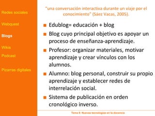 <ul><li>Edublog= educación + blog </li></ul><ul><li>Blog cuyo principal objetivo es apoyar un proceso de enseñanza-aprendi...