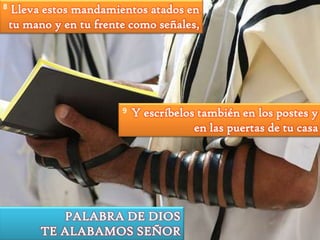 8

Lleva estos mandamientos atados en
tu mano y en tu frente como señales,

9

Y escríbelos también en los postes y
en las puertas de tu casa

PALABRA DE DIOS
TE ALABAMOS SEÑOR

 
