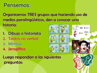 Pensemos:
Organicemos TRES grupos que haciendo uso de
medios paralingüísticos, den a conocer una
historia:
1.
2.
3.
4.

Dibujo o historieta
Teatro no verbal
Mímica
Jeroglífico

Luego respondan a las siguientes
preguntas:

 